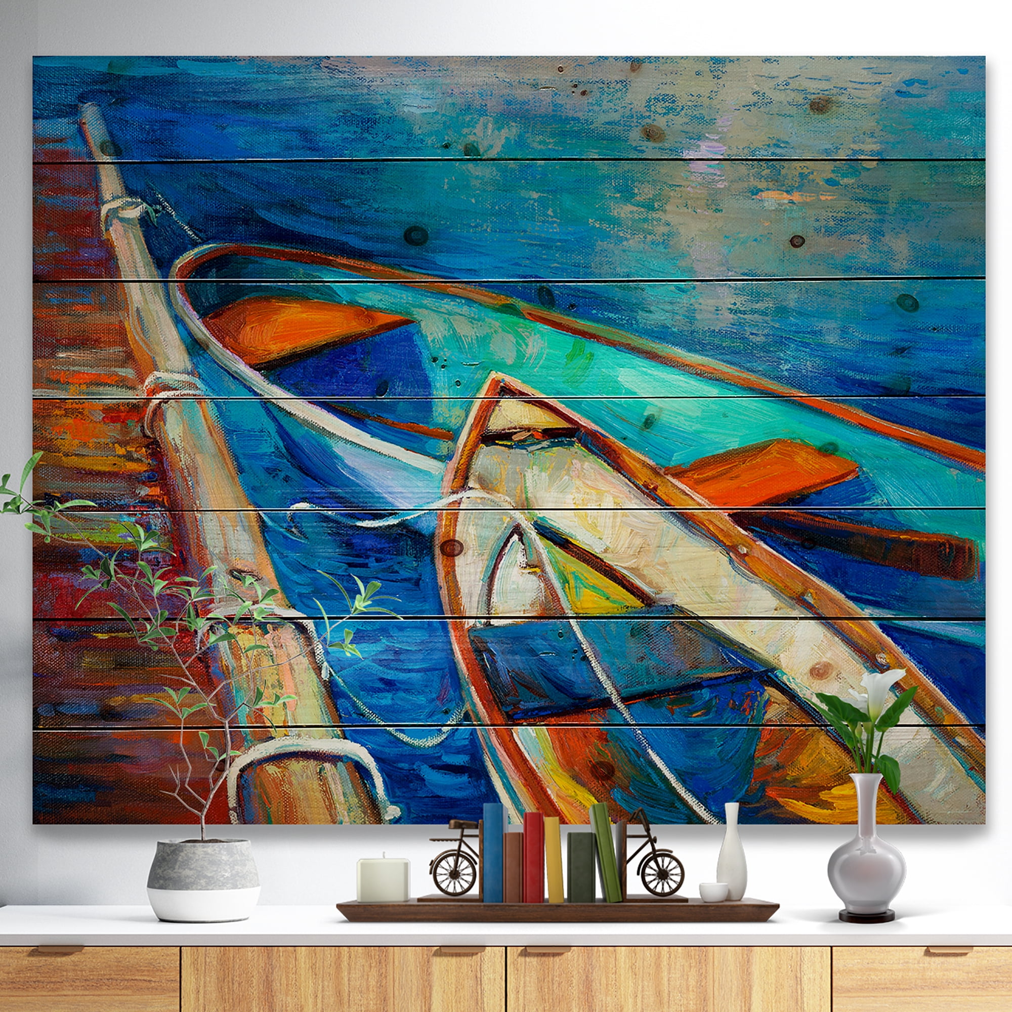 Designart 'Boats and Pier in Blue Shade ' Sea & Shore Print on Natural Pine Wood