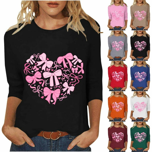 RKSTN Valentines Gift 3/4 Length Sleeve Womens Tops Oversized Crewneck Valentine Day Loves Heart Graphic Print Short Sleeve T Shirt Womens Casual Plus Size Round Neck Three Quarter Sleeve Tee Shirt