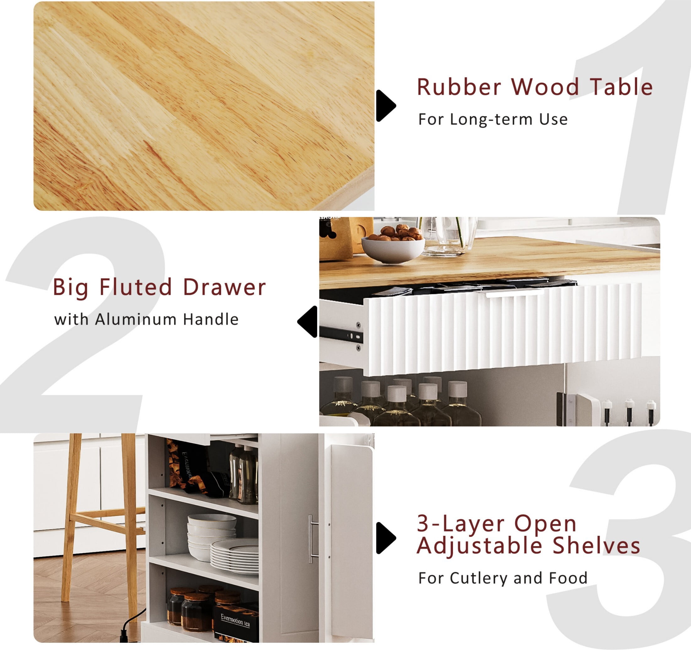 DEALTOPS 47.2'' Kitchen Island With Trash Can and Power Outlet, Rolling Kitchen Storage Cart with Open Shelves, White