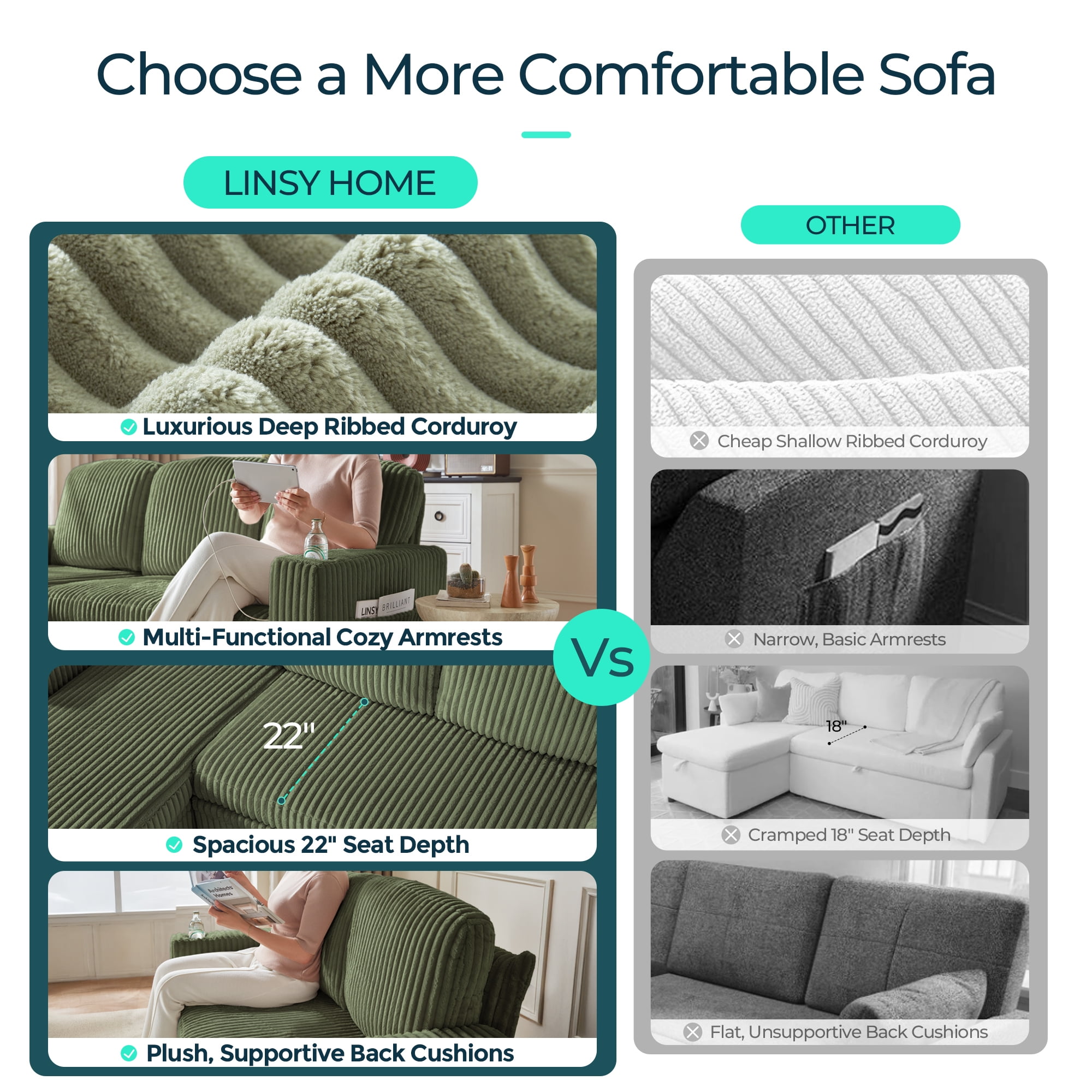 Linsy Home Storage Sectional Sleeper Sofa with Pull Out Bed, 9 Seat Modular Sectional Sofa with with USB & Cup Holder, Plush Corduroy Sectional Couches for Living Room, Green