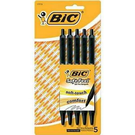 BIC Soft Feel Retractable Ball Pen, Medium Point (1.0 mm), Black, 5-Count