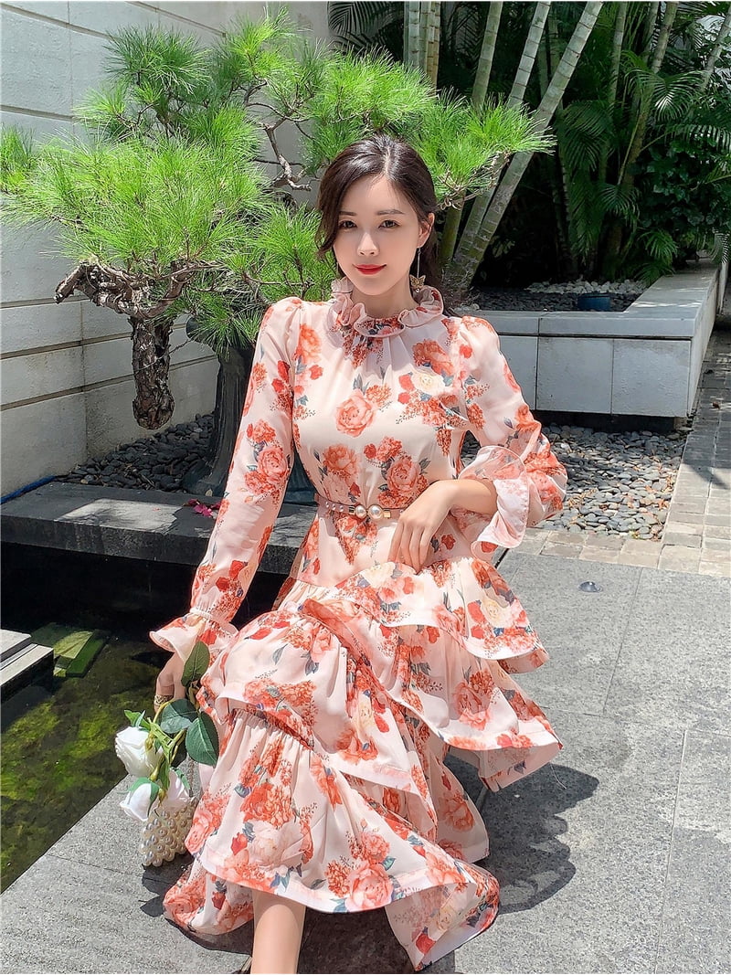 Ladies Floral Collared Puff Sleeve Layered Waist Belt Sling Dress  