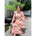 thumbnail image 4 of Vestido de tirantes con cinturón en capas con mangas abullonadas y cuello floral para mujer $ Vestido de manga larga con estampado de principios de otoño Ormromra HMHZ1825-2, 4 of 4