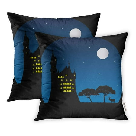 Deer Antlers Silhouette CMFUN Blue Moon Old Castle Deer in Moonlight Silhouettes Night Animal Antler Pillowcase Cushion Cover 16x16 inch, Set of 2 ()