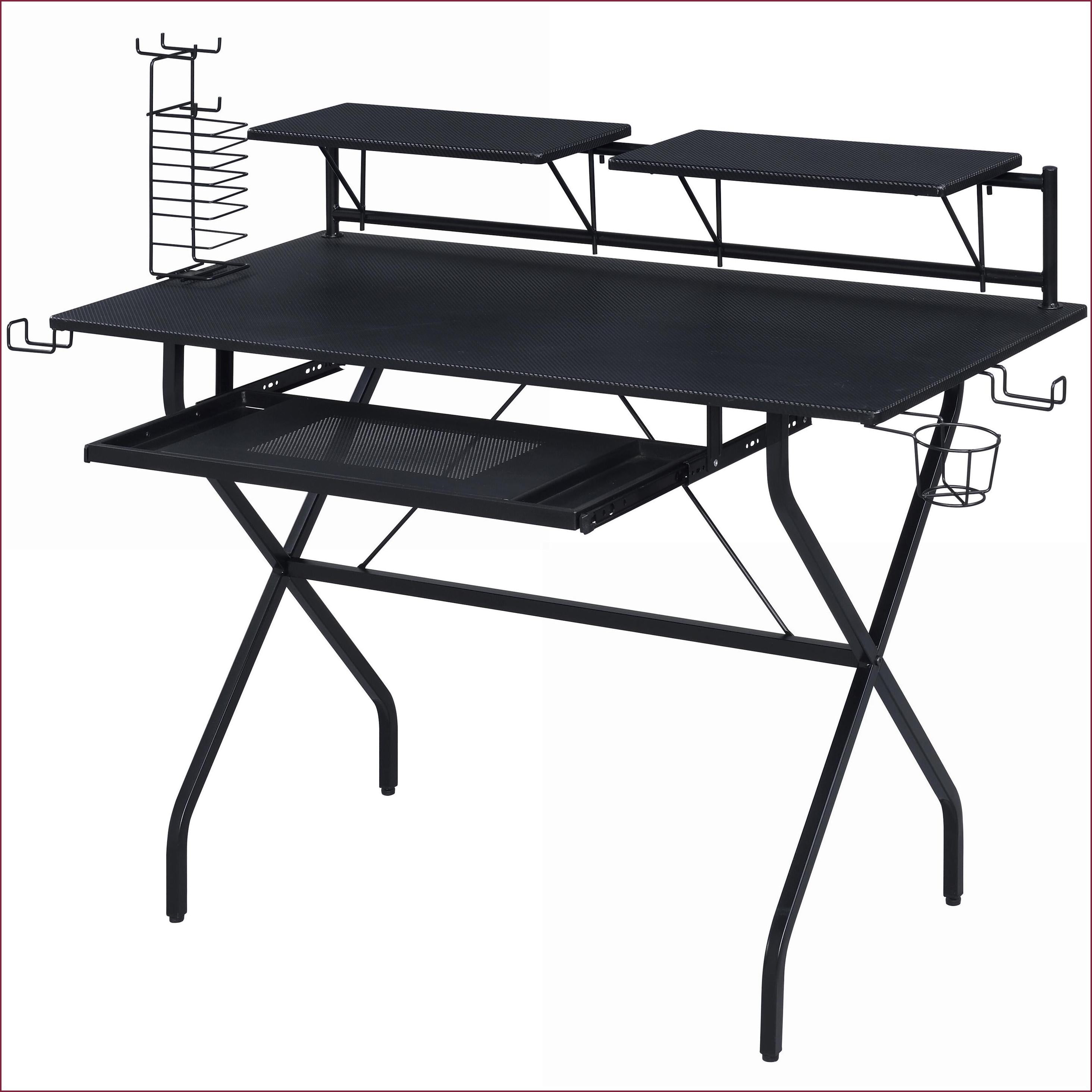 Desks, Industrial 47.5"W Computer Desk with Keyboard Tray, Headset Hooks, Game Rack | Black | Wood+Metal