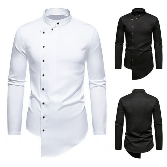 JURANMO Fashion Long Sleeve Shirts for Men Solid Color Button Down Dressy Shirts Slim Fit Stand Collar Luxury Shirts Deals of the Day White M