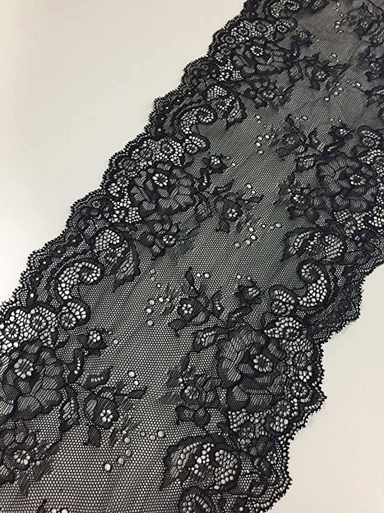 Black Lace Fabric Lace Trim, Stretch Floral Lace Ribbon Trim, Wide Elastic Sewing Lace Crafts Decorating (Black 7inch 5Yards)