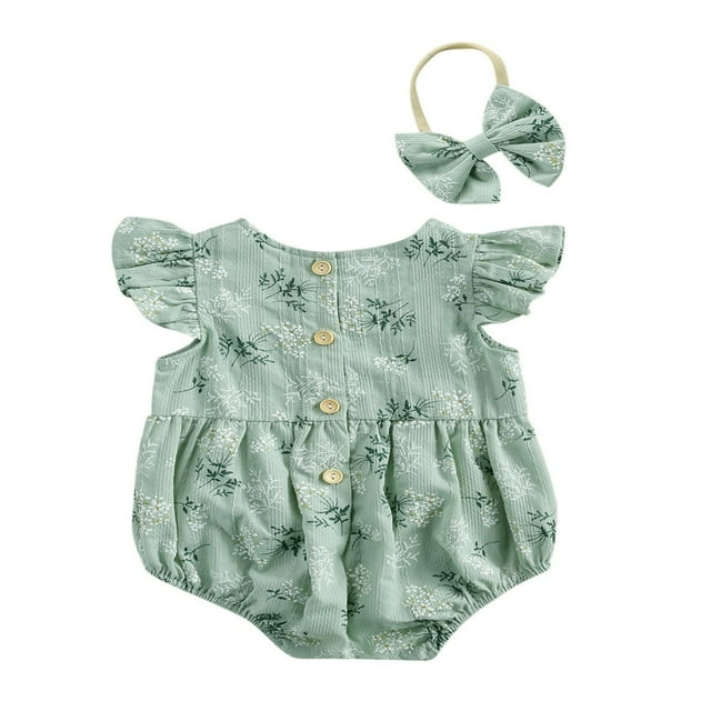 Baby Girls Spaghetti Strap Rompers Floral Print Backless Jumpsuit with Headband
