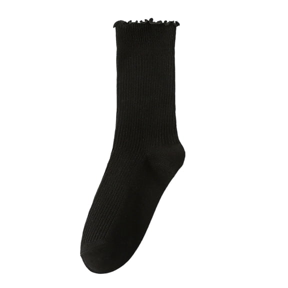 QUOTAY Women's Double Needle Lace Trim Solid Color Striped Ruffle Mid Calf Socks Crew Socks for Women Casual Stackable Socks for Girls and Students 06_Black,One Size