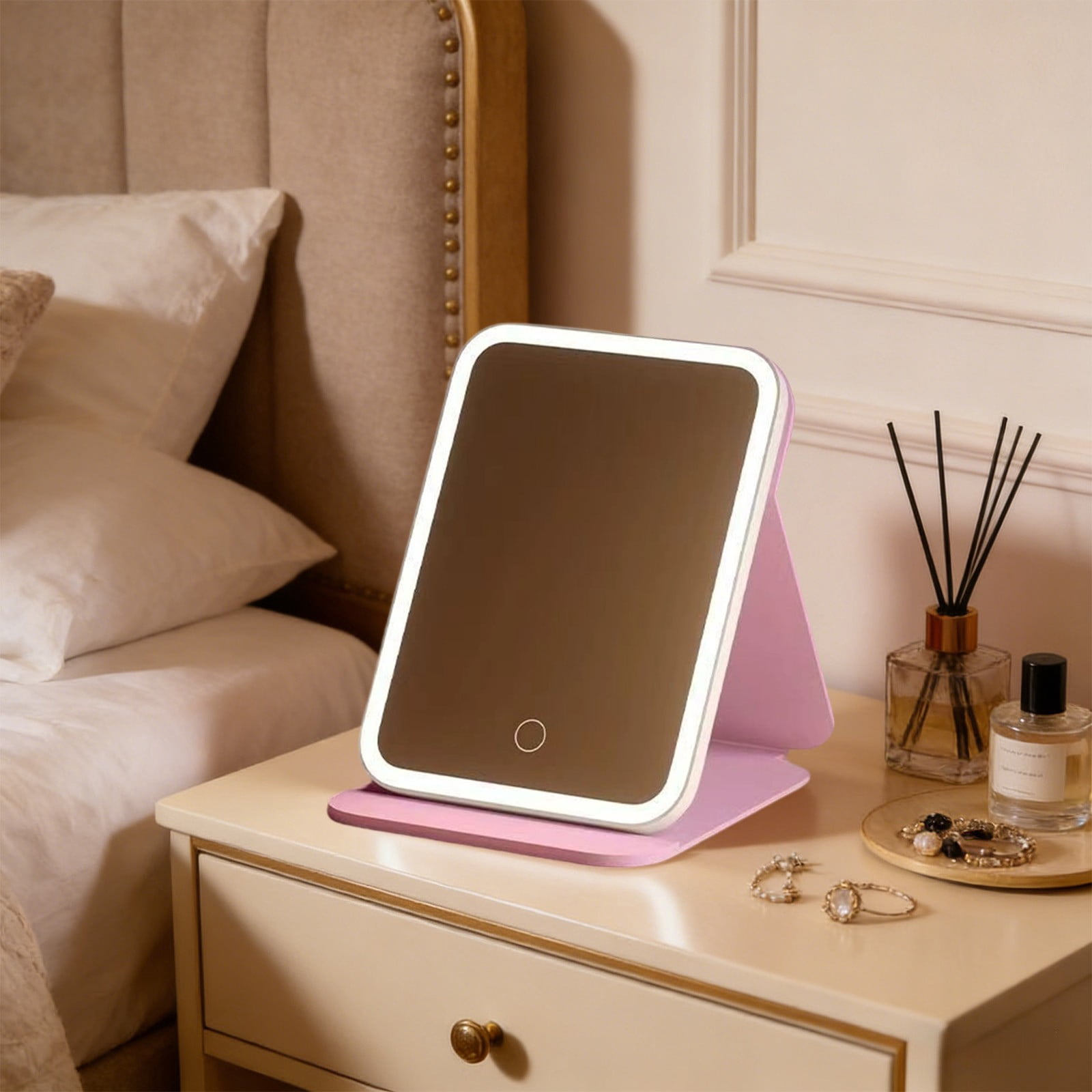 Foldable Makeup Mirror with 3-Color Adjustable Lighting, Built-in Memory Chip, USB Rechargeable Vanity Mirror for Travel, Dorm Room, Desktop, Portable Beauty Essentials with Blue Light Reduction