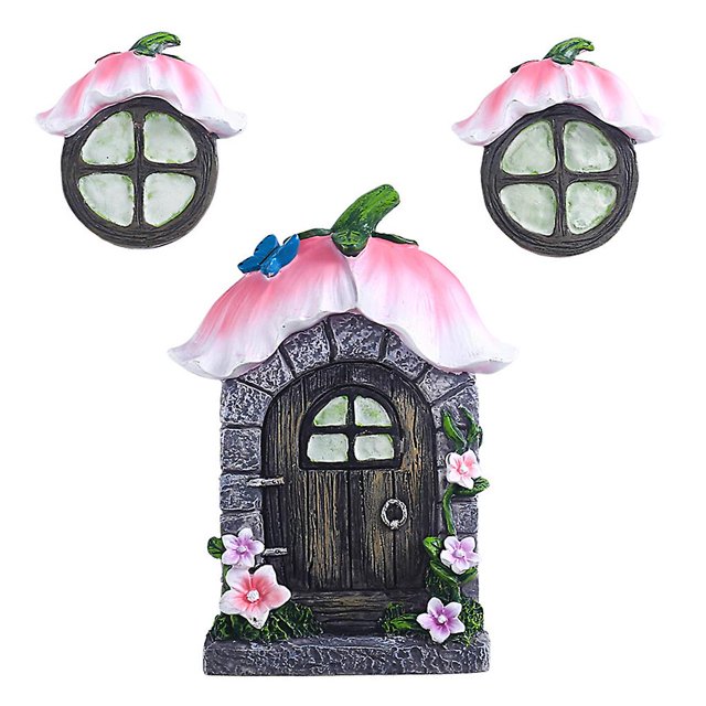 Pink Puerta de casa de hadas para decoración de ventanas, juego de 3 figuras en miniatura de resina para el hogar, jardín, accesorios de decoración al aire libre que brillan en la