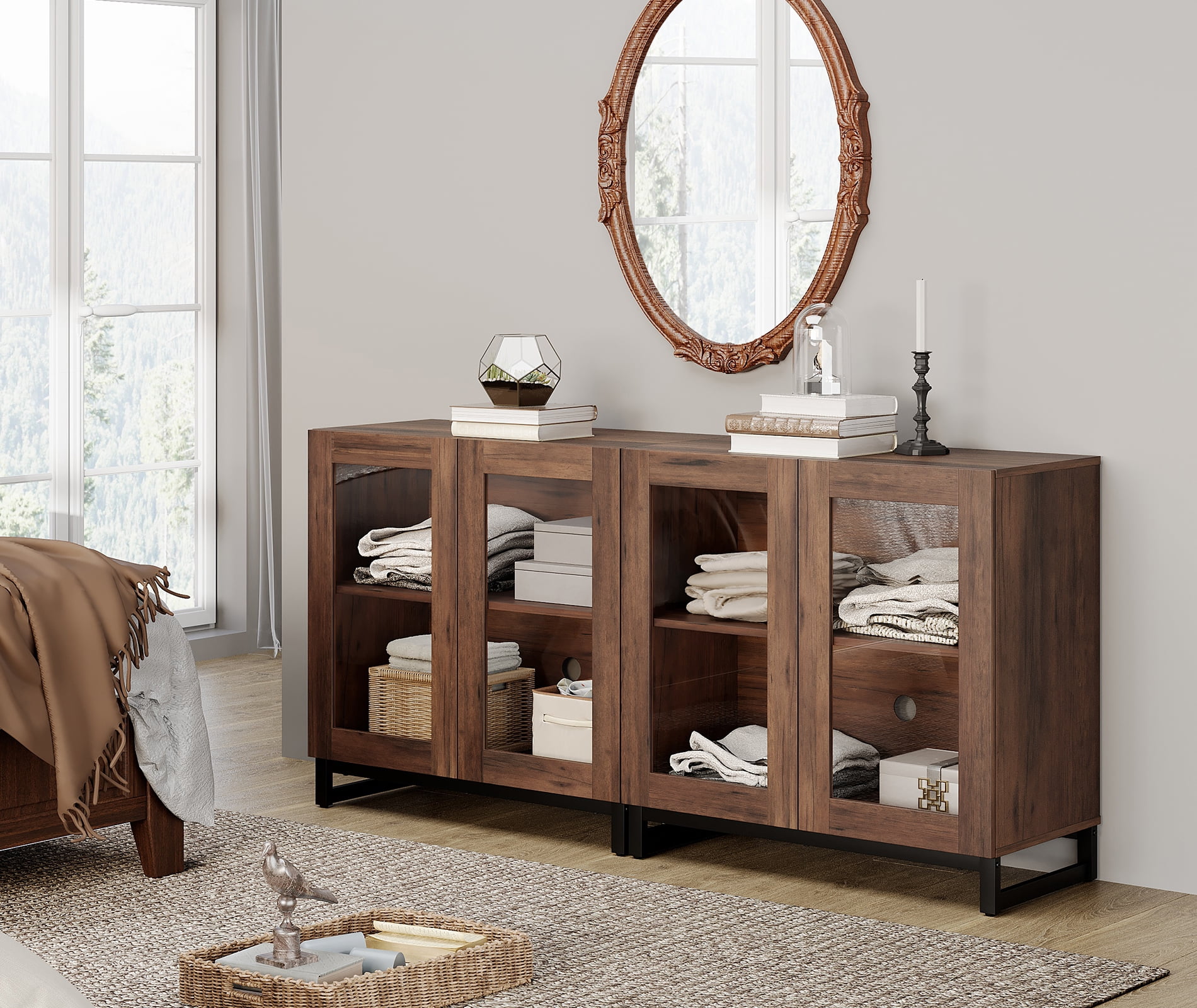 WAMPAT 63 Inch TV Stand with Glass Doors for 32-70 inch TVs, Modern Entertainment Center TV Console with Adjustable Shelves for Living Room, Bedroom, Brown