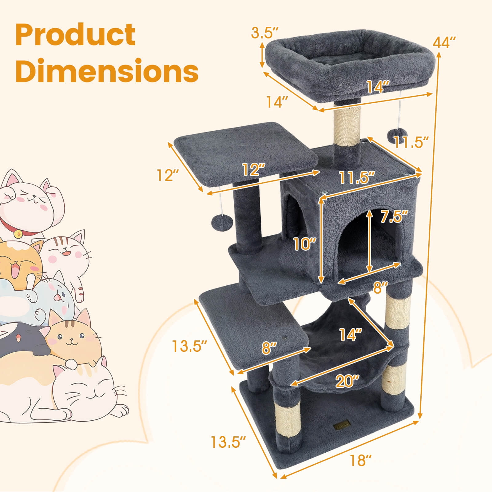 Costway 44” Tall Multi-level Cat Tree with Cushion Top Perch, 2-Entrance Large Cat Condo Dark Gray