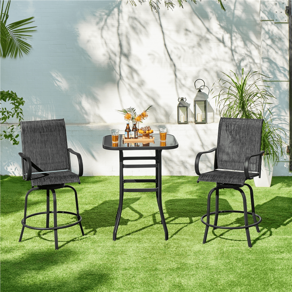 Alden Design 2pcs Outdoor Swivel Texteline Bar Stools with High Back for Garden, Black