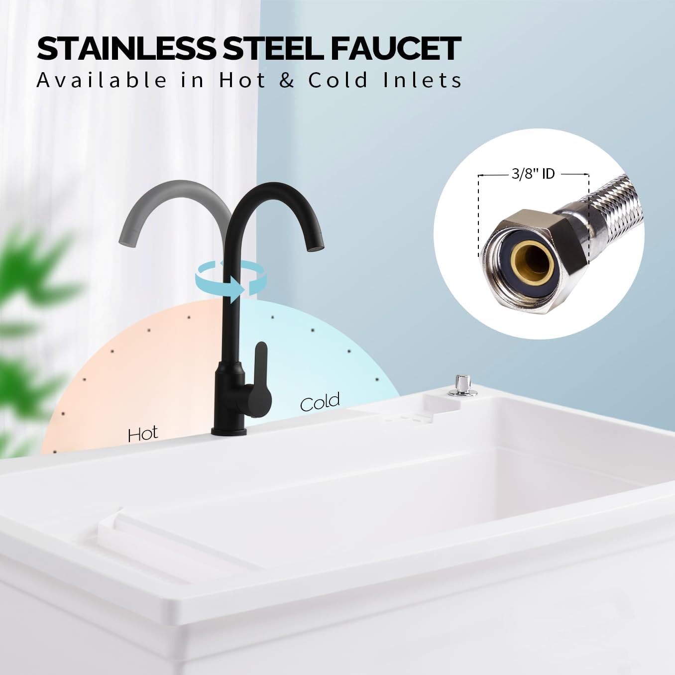 Ktaxon 27 Gallon Plastic Utility Sink with Hot/Cold Faucet, 36" Freestanding Laundry Tub with Iron Legs, Storage Shelf, Drain Board, Soap Dispenser and Pop-up Button for Bathroom, Laundry Room, White