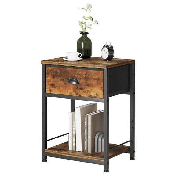 LINGMI Bedside Table with Storage, End Table for Bedroom Living Room, Industrial Night Stand with Drawer, Rustic Brown Side Table, Modern Nightstand for Nursery & Dorm