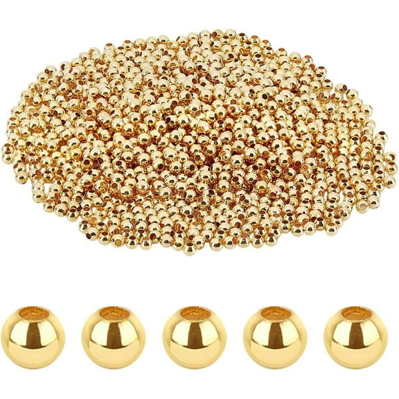 PH 1000pcs 18K Gold Plated Beads Metal Spacer Beads Round Ball Bead 2.5mm Tiny Stackable Bead for Jewelry Making Bracelets Necklaces Earrings DIY Craft Gold