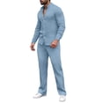 thumbnail image 2 of Men's 2 Piece Vertical Striped Textured Outfits Summer Casual Long Sleeve Button Down Shirts and Pants Matching Sets Light Blue, 2 of 8