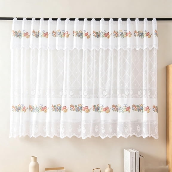 Retro Lace Short Kitchen Curtain, Vintage Strawberry Hollow Out Sheer Tier Curtains, Light Filtering Rod Pocket Cafe Valance for Small Window Cabinet
