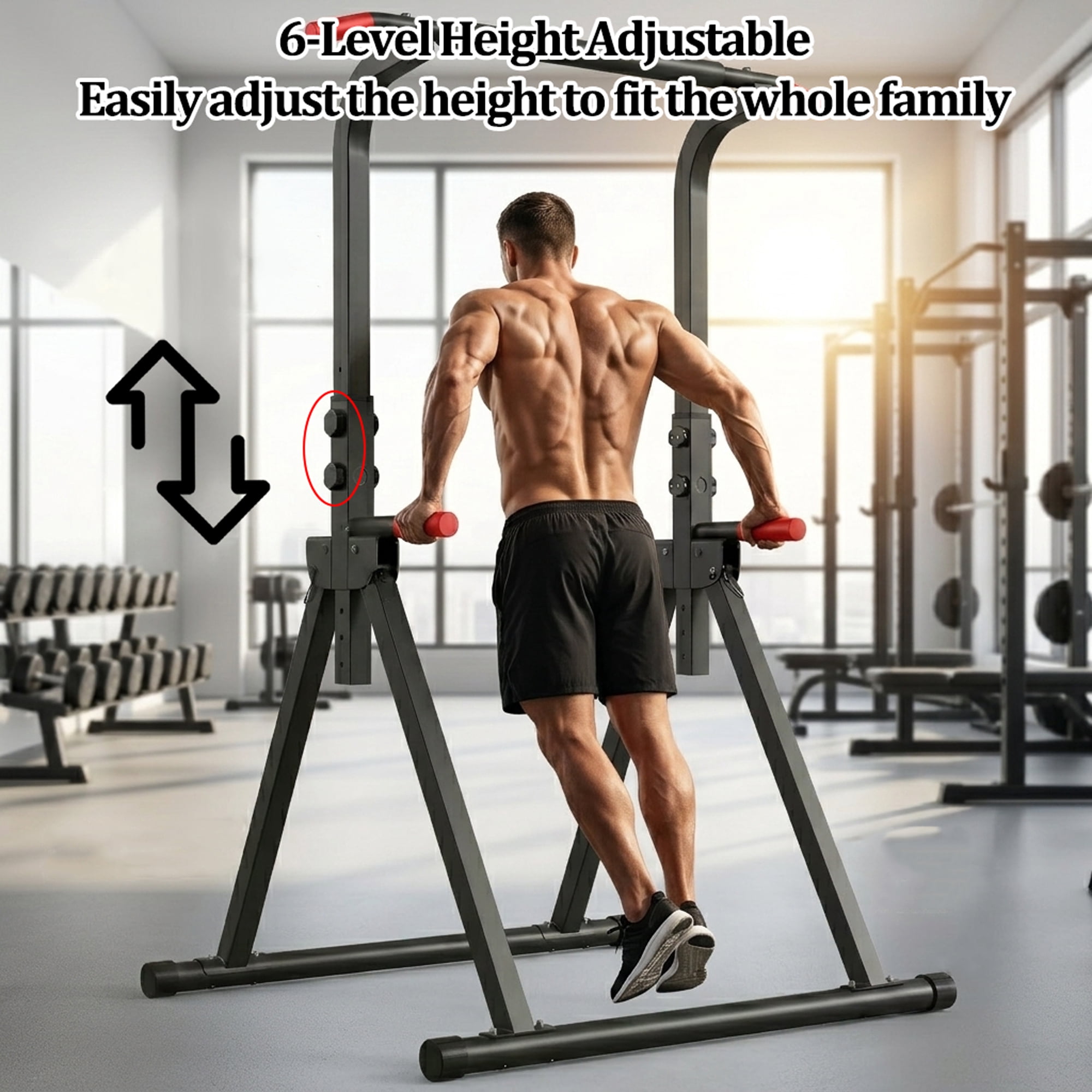 Leumius Foldable Pull Up Bar Standing Power Tower,Multi-Function Dip Station, 6-Level Adjustable Height Strength Training Fitness Equipment for Home Gym,440lbs Max,Black+Red