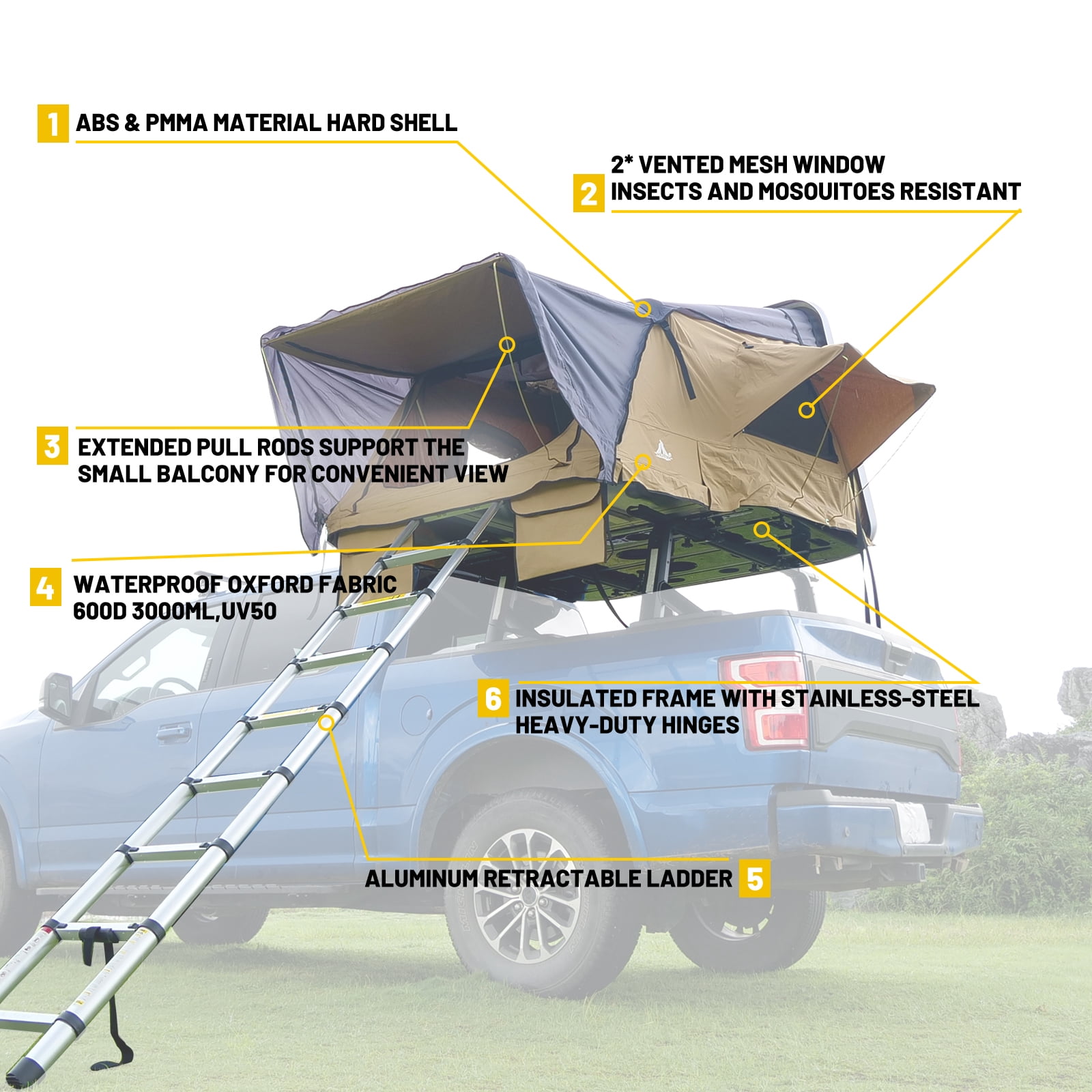 WOLFSTORM Universal HardShell Roof Top Tent Outdoor Camping Rooftop Tent Waterproof Tent with Ladder and Sunroof Off-Road Tent for 2-3 Adults Fit Truck SUV Camping