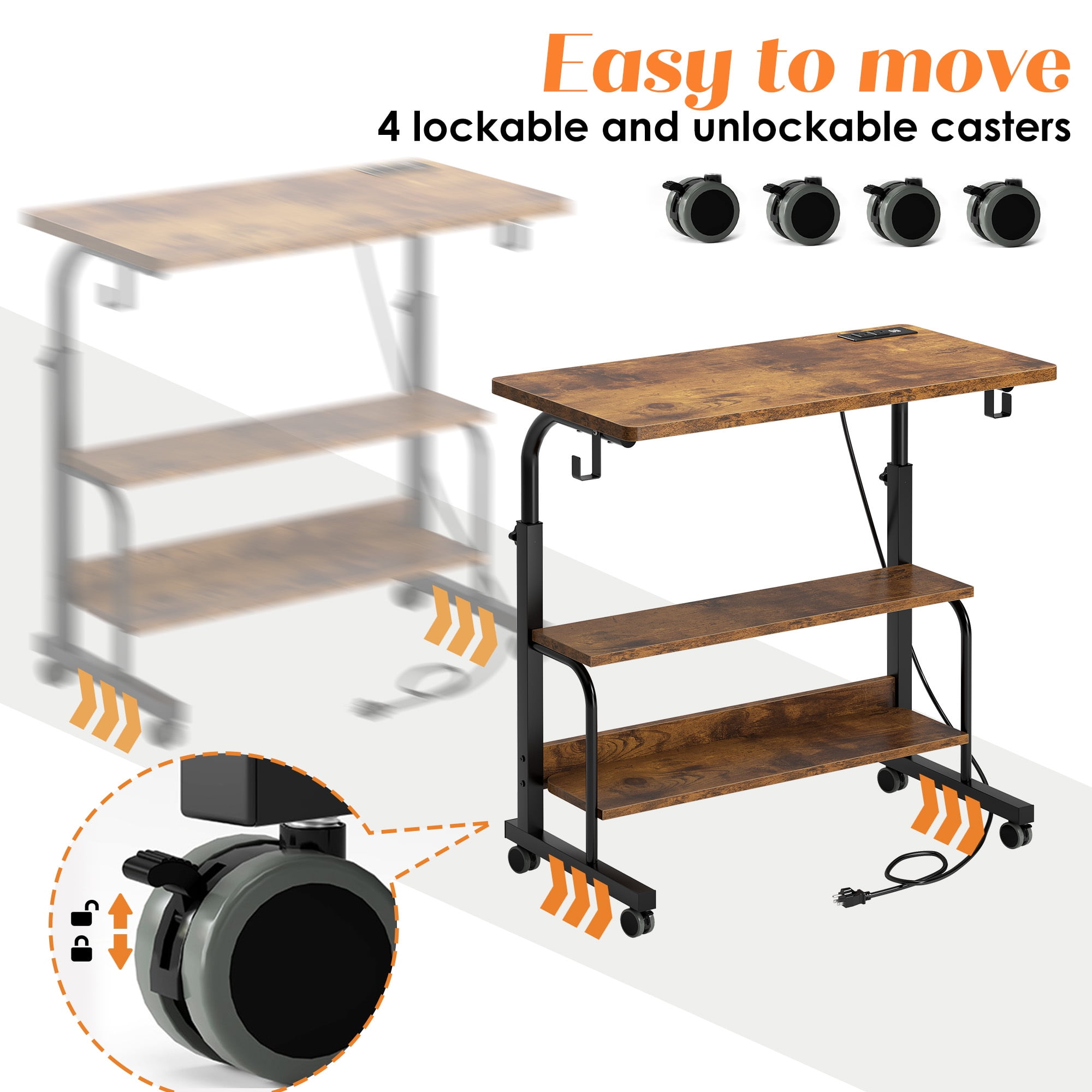 Soges 31.5" Height Adjustable Computer Desk with Charging Station, Adjustable Side Table Movable Laptop Desk with 2 Storage Shelves, Adjustable Desk on Wheels for Home Office, Sofa, Bed, Rustic Brown