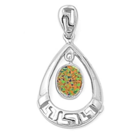 Teardrop Round Simulated Opal Pendant Sterling Silver