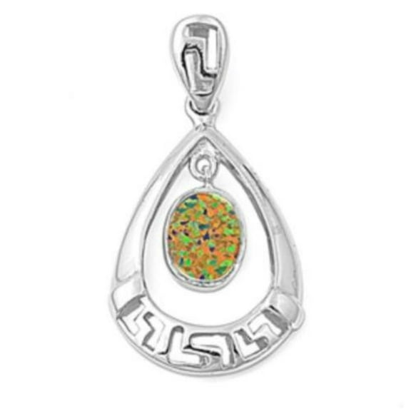 Teardrop Round Simulated Opal Pendant Sterling Silver