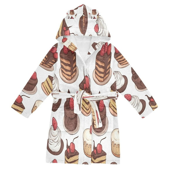 FORMRS Niños Bathrobe Unisex Hooded Robe Soft Plush Pajamas Sleepwear, Size 2-3T, White Chocolate Cakes