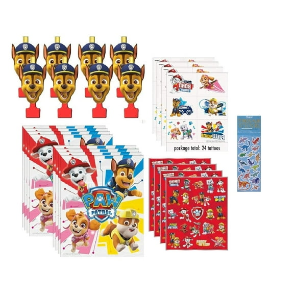 Disney Paw Patrol Party Favors Bundle for 8 Guests - 8 Blowouts, 8 Loot Bags, 4 Sticker Sheets, 4 Tattoo Sheets, 1 Dinosaur Sticker Sheet