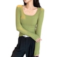 thumbnail image 2 of Women Long Sleeve Shirts Square Neck Tops Ribbed Knit Basic Crop Tops Fall Outfits Fashion Clothes Grass Green XL, 2 of 6