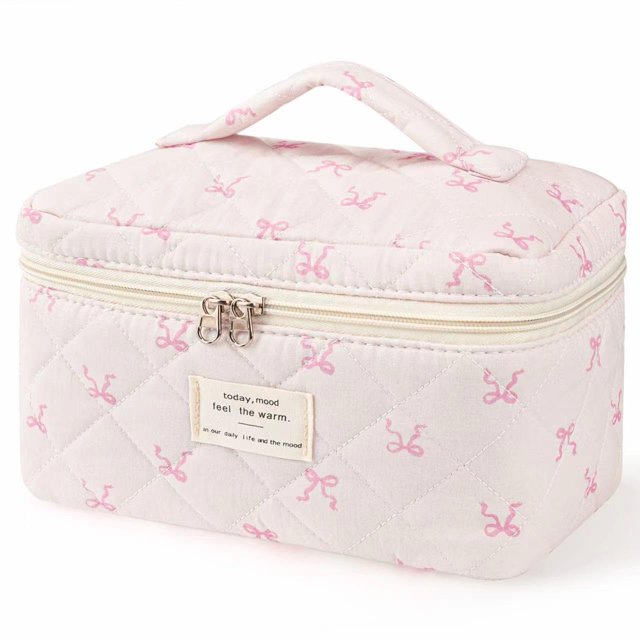 Bolsa de maquillaje MZLUWM acolchada para viajes, algodón con estampado floral y lazo, color rosa