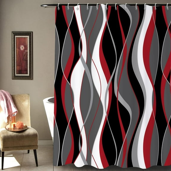 Striped Shower Curtain, Modern Abstract Red Black Grey Striped Minimalist Art Bathroom Curtain Waterproof Fabric Machine Washable with Hooks 36"W x 72"L (Pack of 1)