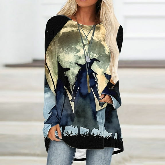 CLOISE Halloween Blouses for Women Funny Halloween Witch Print Shirts Long Sleeve Crew Neck Raglan Blouses Flowy Tunic Oversized Tees Boo Festival Clothes Gift