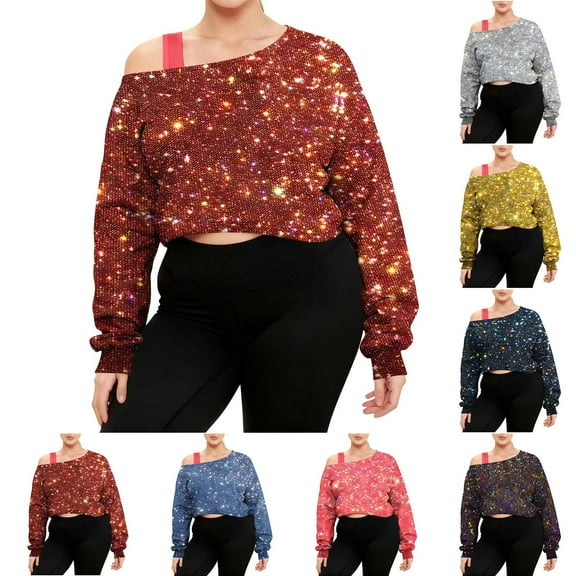 Miluxas Sparkly Sequin Sweatshirt Women's off-Shoulder Long Sleeve Party Crop Tops Wine XL(XL)