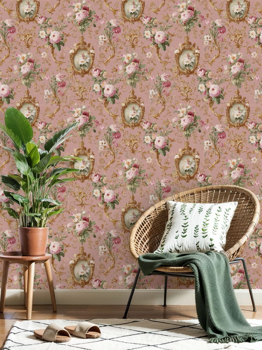 Peel and Stick Wallpaper Vintage Floral Gold Frames Soft Pink Wall Mural 17.7in x 9.8ft Self Adhesive Removable Wall Paper Renter Friendly Wallpaper for Bedroom