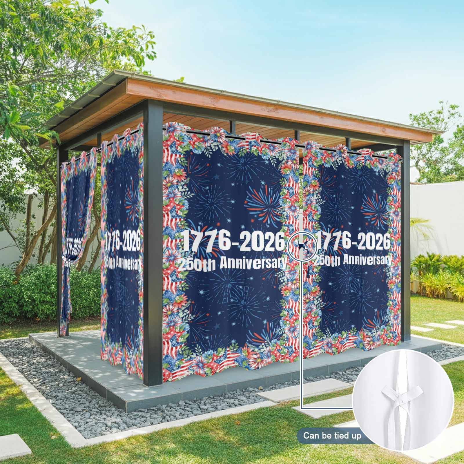 Independence Day Outdoor Curtains for Patio, 250th Anniversary Blue Red Sparklers Flowers Sunshade Privacy Drapes Grommet Waterproof Outside Curtains for Porch/Cabana/Balcony 54"x 108", 1 Panel