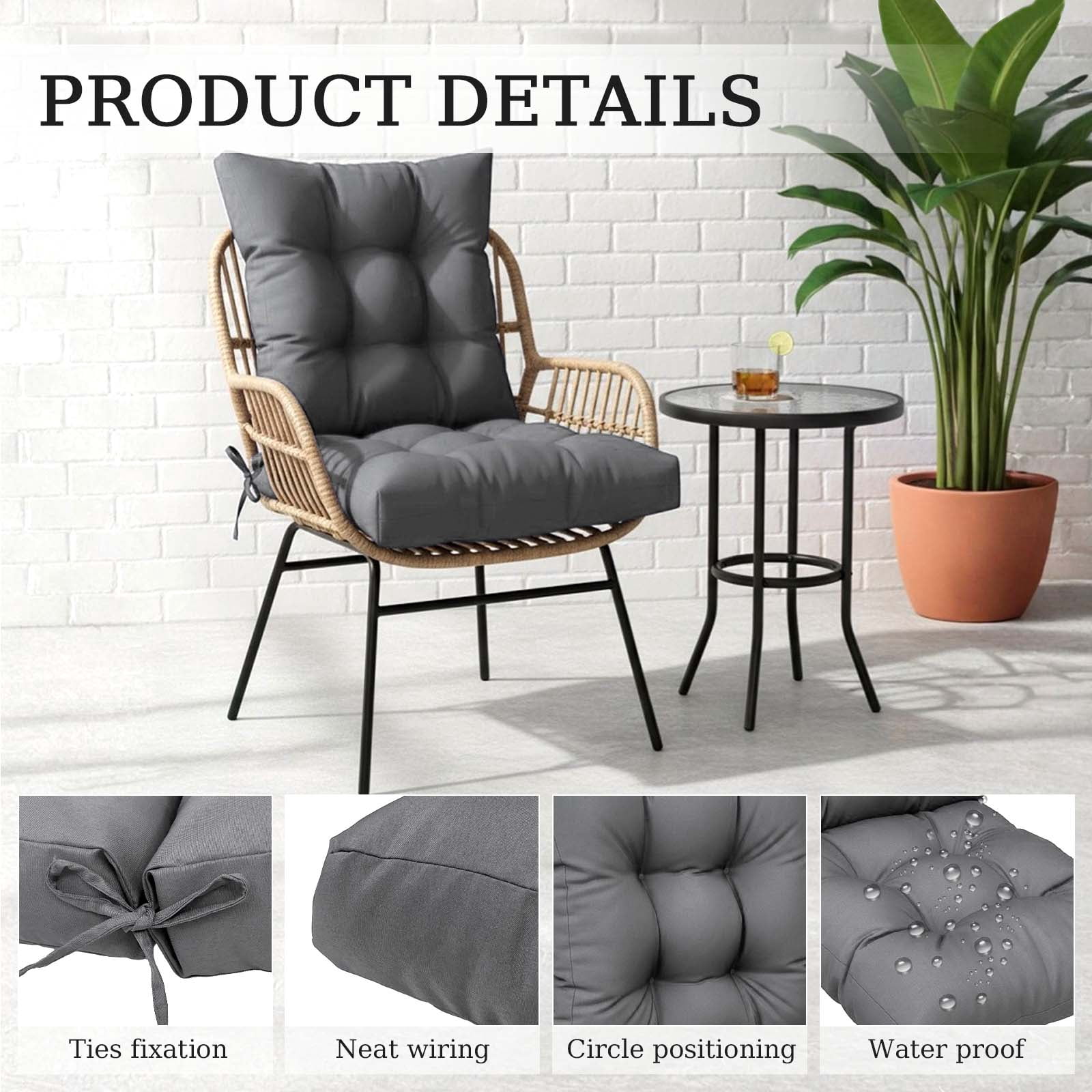 Eurhowing Waterproof Patio Rocking Chair Cushions 1-Piece, 3" Thick Outdoor Chair Cushion with Ties, Non-Slip Seat Pad for Garden Lawn Furniture, 2Pack, Gray
