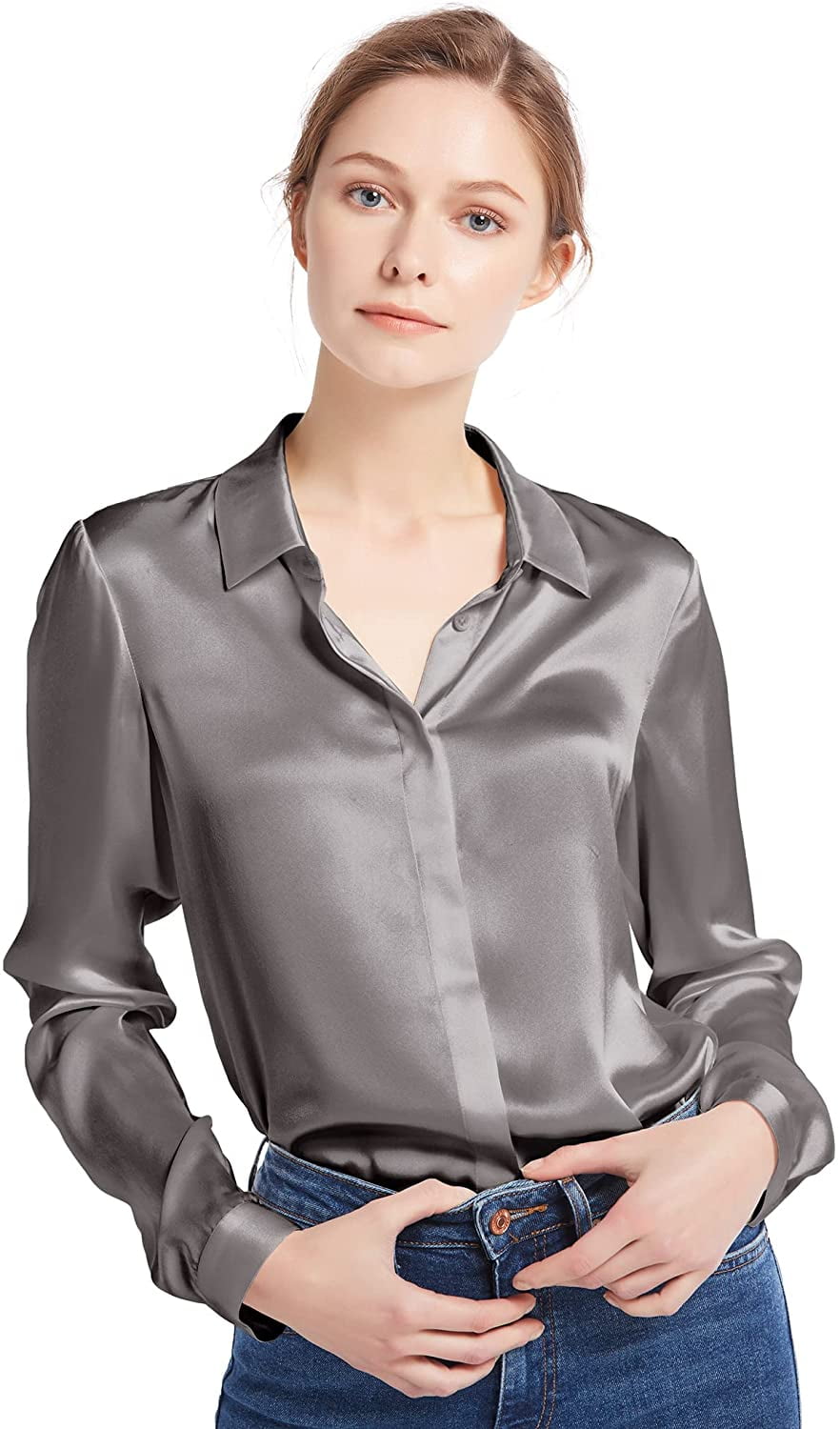 Pure Silk Button Down Tops Long Sleeves 