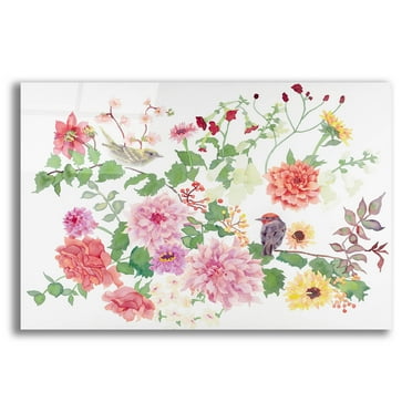Epic Art 'Songbirds With Dhalias' by Carissa Luminess, Acrylic Glass Wall Art, 16"x12"