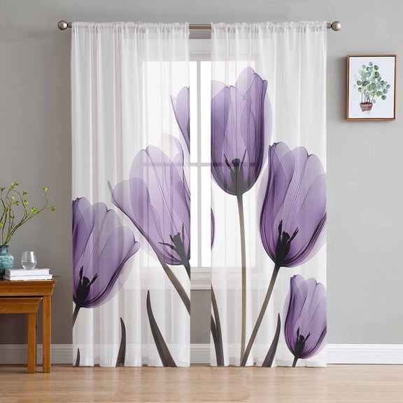 Purple Turquoise Tulip Sheer Curtains 84 Inches Long 2 Panels Set, Window Sheer Curtains for Living Room/Bedroom, Botanical Floral Petal Plants Light Filtering Rod Pocket Curtain 52'' x 84'' x 2