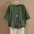 thumbnail image 4 of Women's Linen Shirt Boho Style 3/4 Sleeve Round Neck Pleated Summer Blouse - Loose Casual Top | Yubnlvae (Green | M), 4 of 9