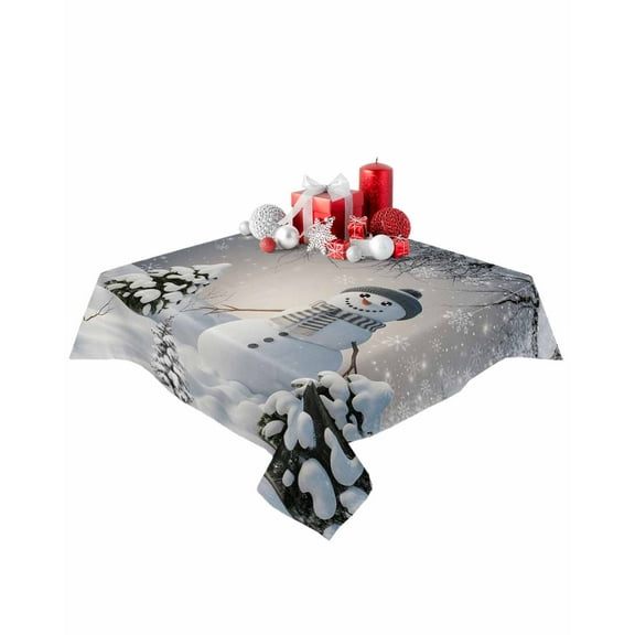Square Tablecloth 54 x 54 Inches Winter Snowman Christmas Trees Snowy Scene Waterproof & Stain Resistance Table Cloth Decorative Fabric Table Cover for Dinning/Party/Buffet/Banquet