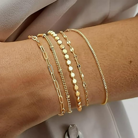 Elegant Gold Paper Clip Chain Bracelet Set - Adjustable Multi-Layer Stacking Bracelets - Women's Jewelry Collection (5pc Set)