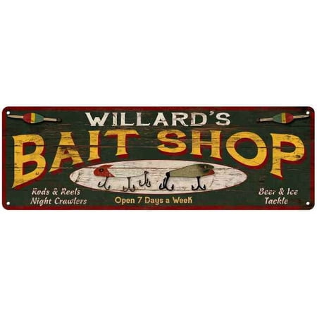 WILLARD S Bait Shop Sign Wood Look Man Cave Den Gift 6x18 Metal 106180024283