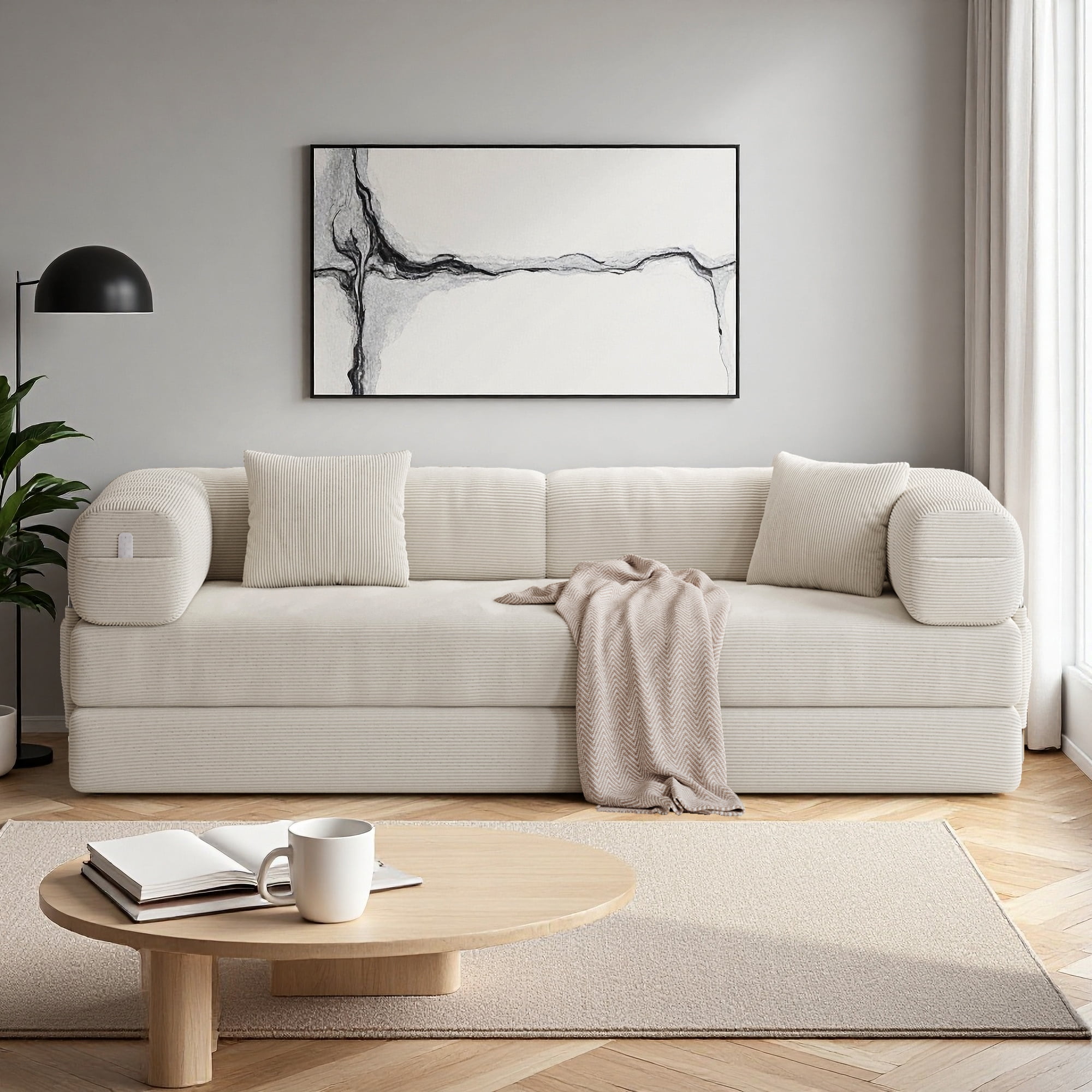 79" Convertible Sofa Bed ,CARZZI LIFE Compressed Floor Boneless Couch Modular Corduroy Sleeper Sofa, Folding Mattress Couch for Small Spaces - No Assembly Needed in Beige with Storge