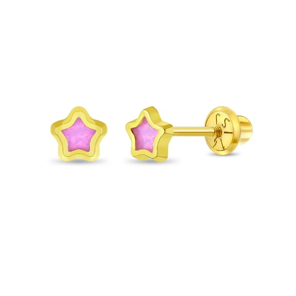 14k Gold Pretty in Pink Star Baby / Toddler / Kids Earrings Safety Screw Back