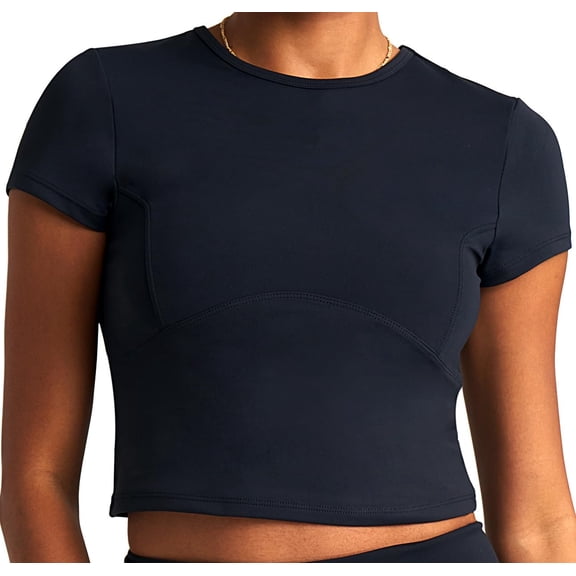POPSUGAR Short Sleeve Athletic Tops for Women, Fitted Feminine Seamed Workout Shirts Breathable Gym Running Yoga Tshirts Black Night, XXLarge