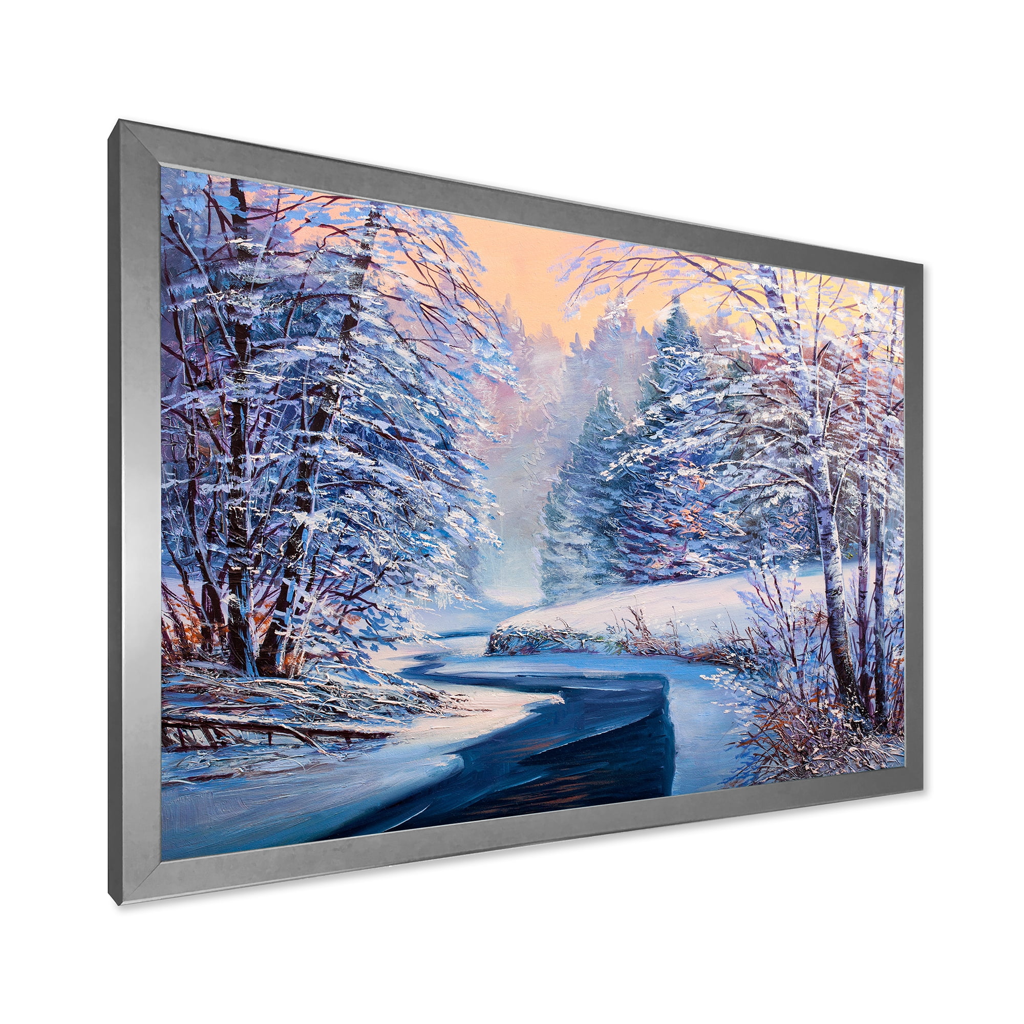 Designart 'Pastel Winter Forest With River' Lake House Framed Art Print