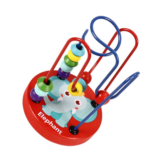juguete de desarrollo animal bead maze toys hugo deslizantes en giros círculos de alambre bead wire maze base redonda de madera multicolor con ilustración de elefante, vista frontal 3/4; cuatro raíles de alambre azul y rojo con cuentas de madera que se deslizan en curvas para ejercitar motricidad fina y reconocimiento de colores; tamaño 12x9x9 cm y marca Hugo; suele usarse como juguete educativo para 12–36 meses.
